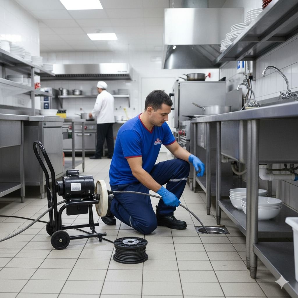 Técnico da Suprema Desentupidora desentupindo ralo de cozinha industrial em Valinhos com máquina rotativa